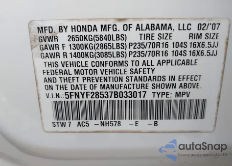 2007 Honda Pilot Ex-L z USA, uszkodzony, nr VIN 5FNYF28537B033017